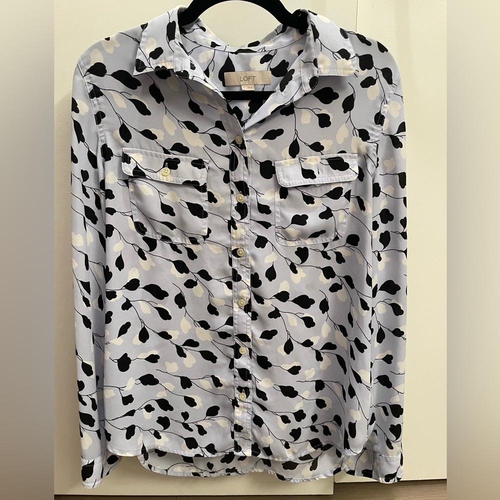 Loft Utility button up blouse, light blue with pattern, size medium